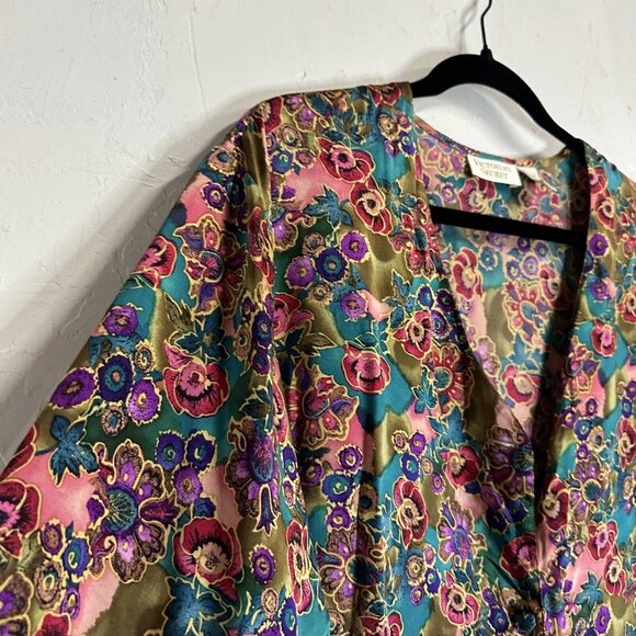 Victoria's Secret Silk Floral Tunic Blouse Womens Medium VTG Cardigan Cover Up - Picture 2 of 11